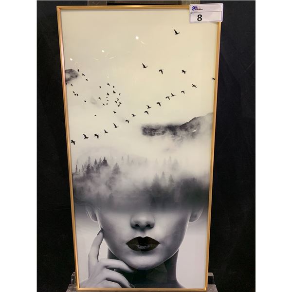 MODERN VIBES ART PIECE- INCORPORATES A WOMAN'S FACE, TREES, AND BIRDS- APPROX 3'3X 1'8-