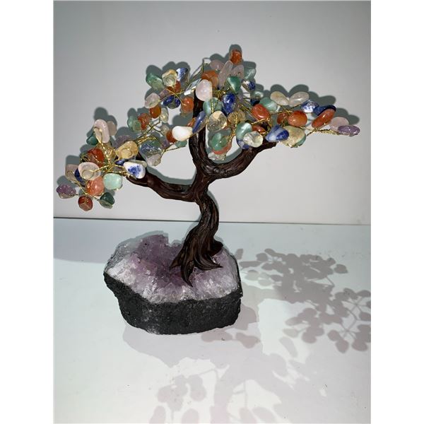 CHAKRA CRYSTAL TREE ON AMETHYST GEODE BASE- RETAIL $2095.51 APPROX 10"X6"X3"