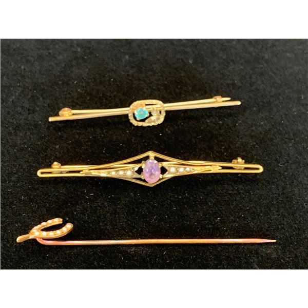 14K BROOCH SET WITH AMETHYST AND PEARS, 10K BROOCH SET WITH BLUE STONE, 14K STICK PIN SET WITH