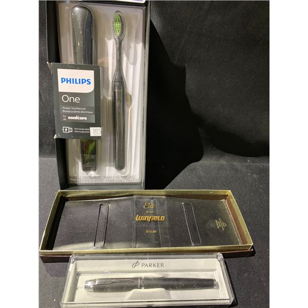 NEW PHILIPS ONE POWER TOOTHBRUSH, PARKER PEN, AND WINDFIELD ELITE LEATHER WALLET