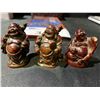 Image 2 : 3 CARVED BUDDHAS  ONE HAS CHIP, DECOR BOX, AND LETTER "A" MONOGRAMMED HANDKERCHIEFS