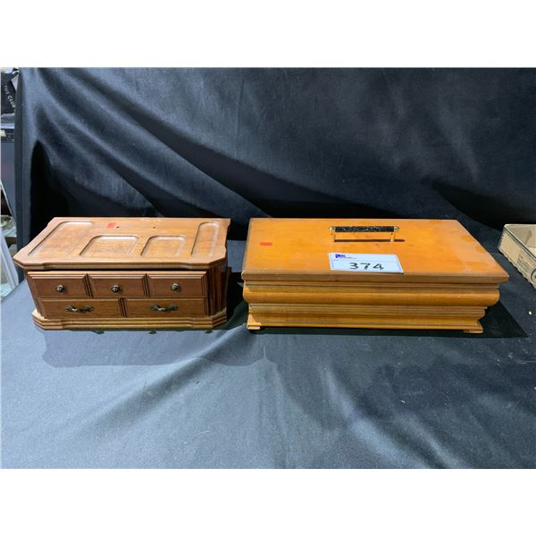 2 WOODEN JEWELRY BOXES INCLUDING: NECKLACES, RINGS AND MORE