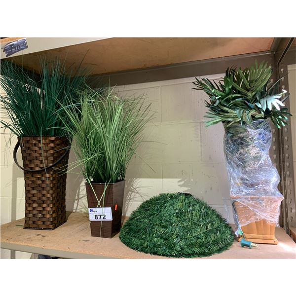 3 ASSORTED PLANTER POTS WITH FAUX PLANTS & FUAX GRASS DOME