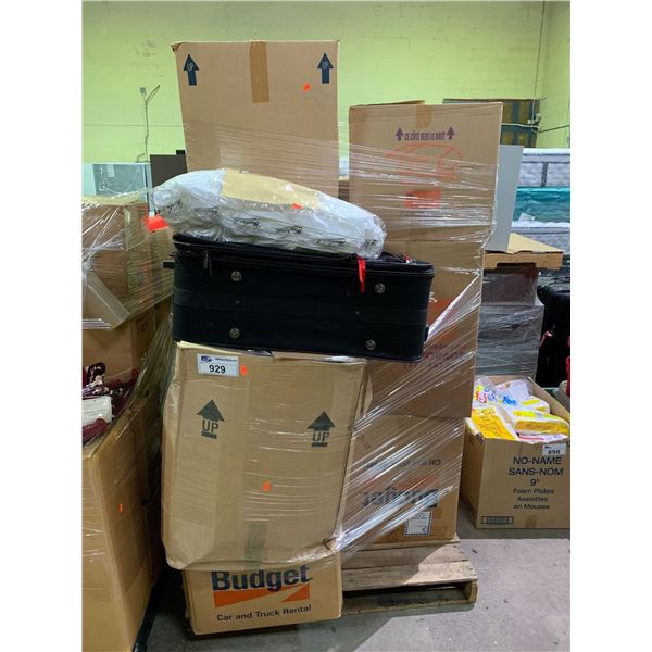 PALLET OF STORAGE LOCKER CONTENTS INCLUDING; LUGGAGE, PILLOW, DISHWARE & MORE