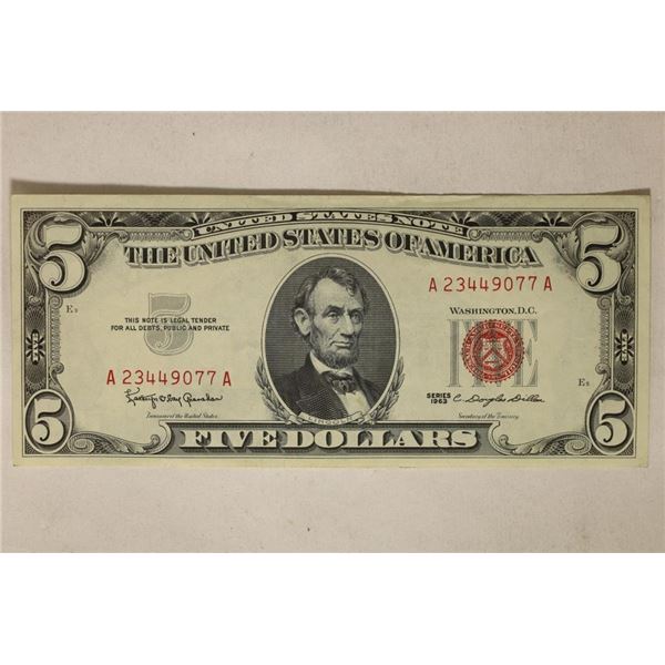 1963 US $5 US NOTE RED SEAL CRISP UNC