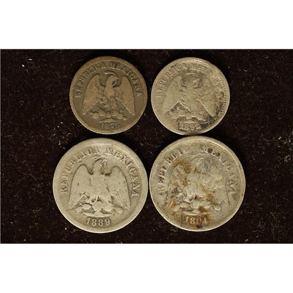 4 MEXICO SILVER CENTAVO COINS: 1875 & 1892