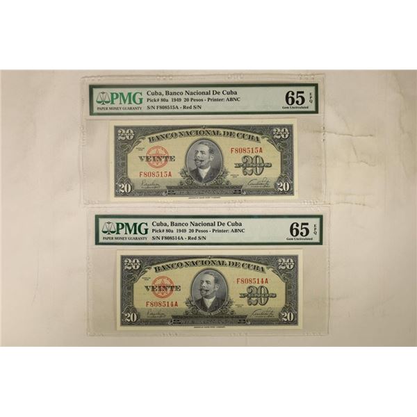 2-1949 CUBA 20 PESO BILLS BOTH PMG 65 GEM UNC