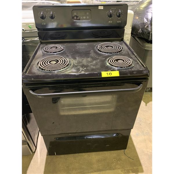 FRIGIDAIRE BLACK COIL TOP 4 BURNER STOVE (BOTTOM DRAWER REQUIRES REPAIR)