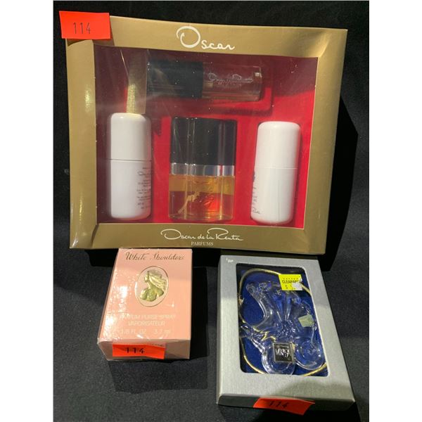 *NEW* OSCAR DE LA RENTA 4PC GIFT BOX, *NEW* WHITE SHOULDERS PARFUM PURSE SPRAY & MIKASA CRYSTAL