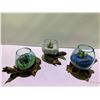 Image 2 : 3 HANDMADE MOLTEN GLASS BOWLS ON TEAK WOOD BASES WITH PLANTS