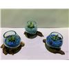 Image 2 : 3 HANDMADE MOLTEN GLASS BOWLS ON TEAK WOOD BASES WITH PLANTS