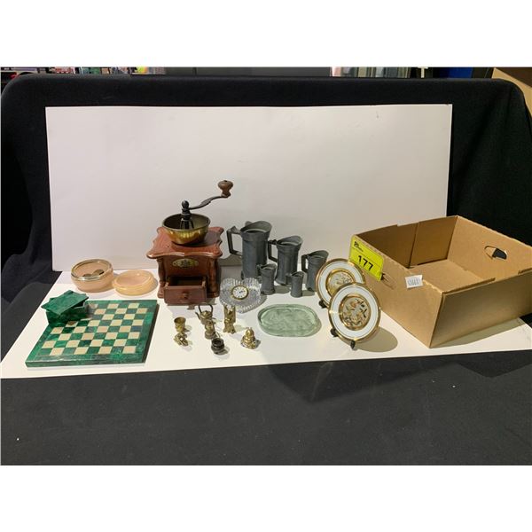 ASSORTED ITEMS INCLUDING; MALACHITE CHESS BOARD, PEWTER CUPS, ANTIQUE COFFEE GRINDER & MORE