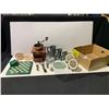 Image 1 : ASSORTED ITEMS INCLUDING; MALACHITE CHESS BOARD, PEWTER CUPS, ANTIQUE COFFEE GRINDER & MORE