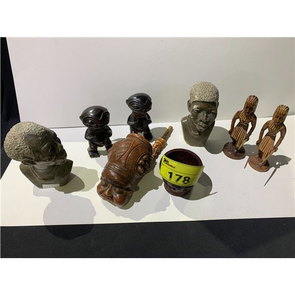 ASSORTED ITEMS INCLUDING; WOOD SCULPTURES, BONE/CLAY PIPE, STONE AFRICAN SCULPTED HEADS & MORE