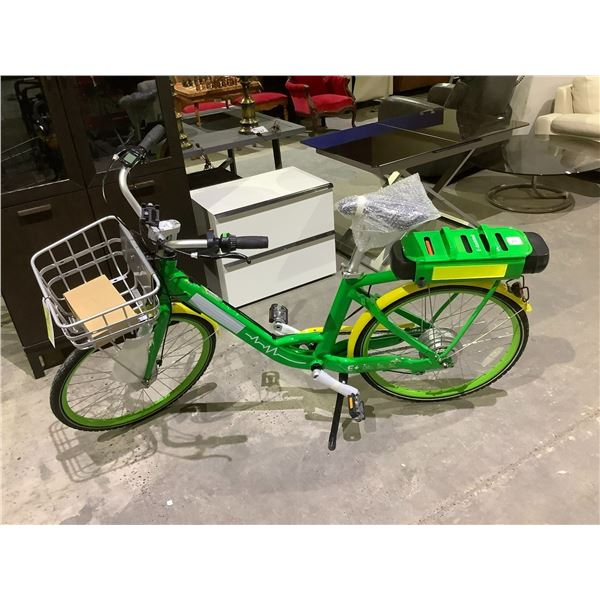 LIME GREEN & YELLOW E-BIKE WITH BATTERY, KEY & CHARGER