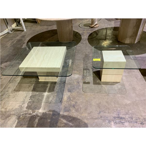 MATCHING STONE AND GLASS TOP COFFEE TABLE AND SIDE TABLE APPROX 24 X 24" AND 37.5 X 37.5"