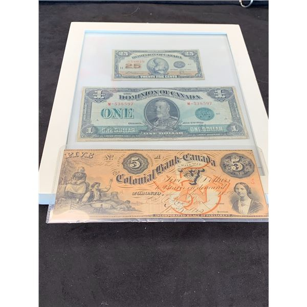 1859 COLONIAL BANK OF CANADA $5 BILL AND 1923 DOMINION OF CANADA $1 BILL AND 25C BILL