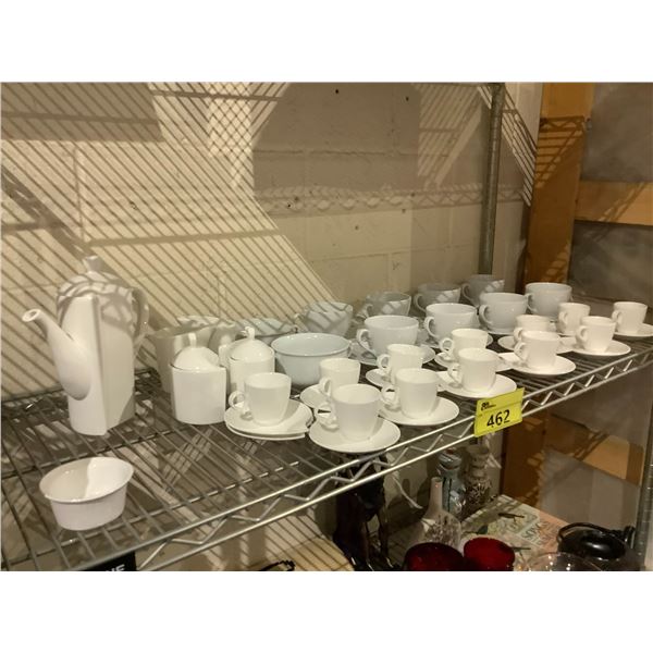 SHELF LOT OF CIROA CUPS, DEMMI TASSE CUPS, COFFEE SERVER, AND MORE