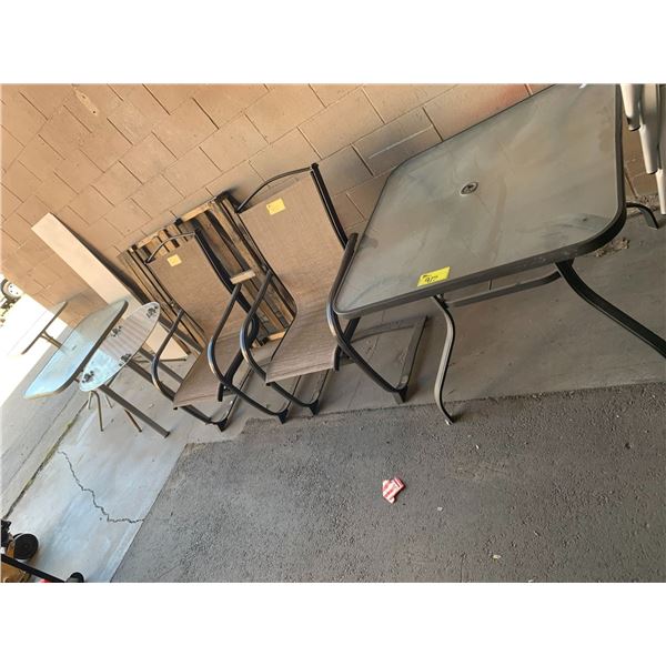 4 ASSORTED PATIO TABLES & 2 PATIO CHAIRS