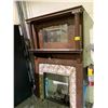 Image 1 : ANTIQUE WOOD FIREPLACE MANTLE WITH BEVELED MIRROR & TILE FIREPLACE FRAMING 46-1/2X10-1/2X77"