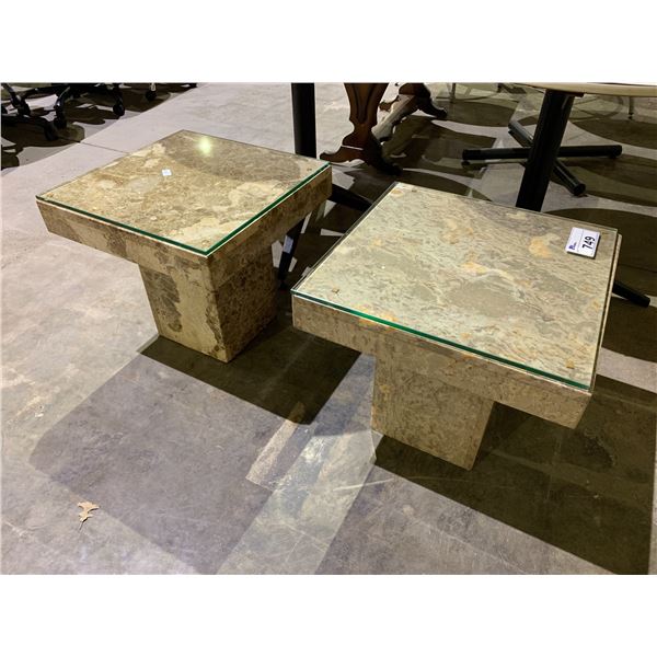 2 MARBLE GLASS TOP SIDE TABLES 19-1/2X19-1/2X18"