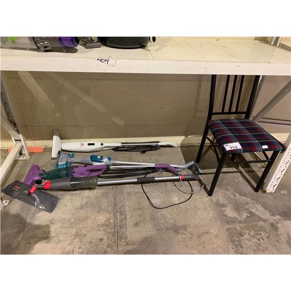 ASSORTED ITEMS INCLUDING; 4 VARIOUS CLEANING TOOLS (BISSEL & RUBBERMAID) & DINING CHAIR