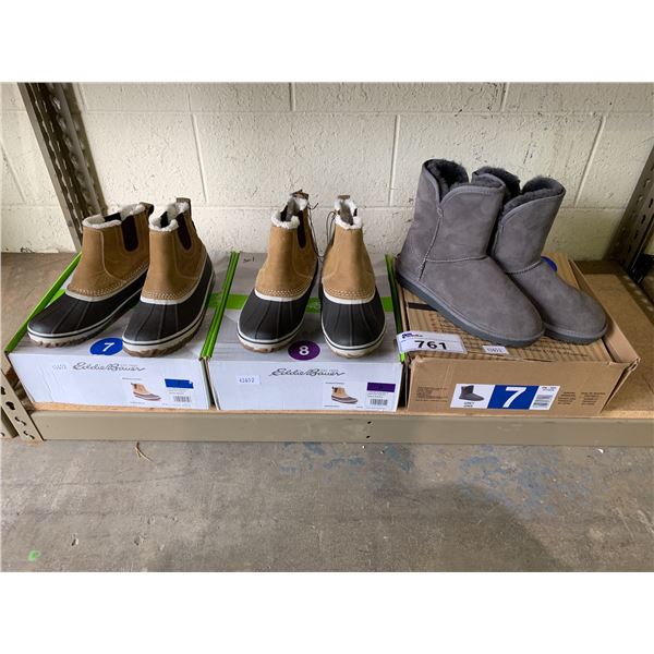 3 PAIRS OF ASSORTED EDDIE BAUER & KIRKLAND BOOTS SIZE 7 & 8