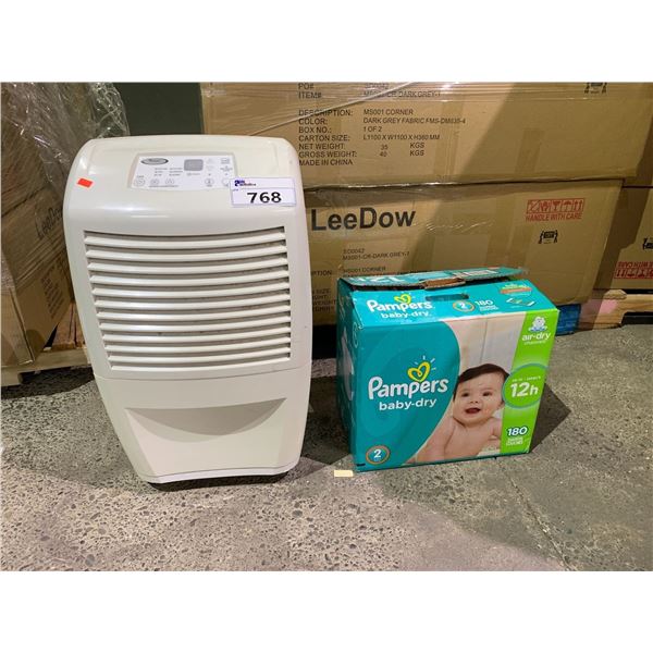 WHIRLPOOL PORTABLE HUMIDIFIER & BOX OF PAMPERS BABY-DRY 12H DIAPERS