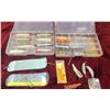 Image 1 : 2 TACKLE BOXES: ONE WITH 6" PLUGS AND ONE WITH HOOCHIES, LEAD MINOWS, COMES WITH TWO HOT SPOT FLASHE