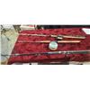 Image 1 : THREE SALMON RODS AND TWO REELS. ALVEY SALMON REEL AND STEELITE ROD AND REEL, AS WELL AS SHAKESPEARE