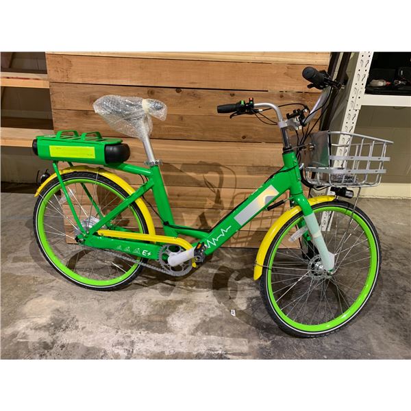 LIME GREEN & YELLOW E-BIKE WITH BATTERY, KEY & CHARGER