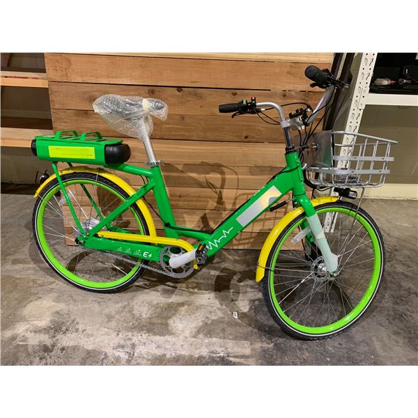 LIME GREEN & YELLOW E-BIKE WITH BATTERY, KEY & CHARGER