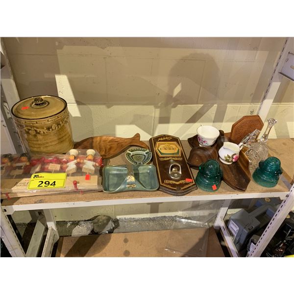 SHELF LOT OF ASSORTED WOODEN AND GLASS WEAR