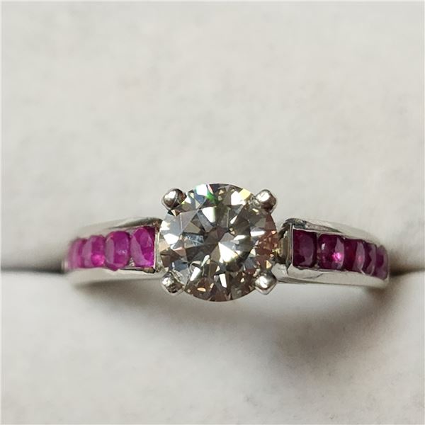 14K WHITE GOLD DIAMOND (1.05CT) RUBY (0.45CT) RING (SIZE 6.5) (WEIGHT 4.28G)