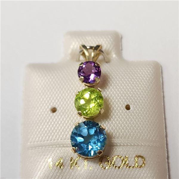 14K YELLOW GOLD AMETHYST PERIDOT AND BLUE TOPAZ(1.9CT)  PENDANT