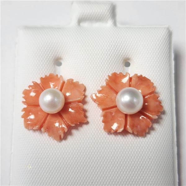 14K YELLOW GOLD FRESH WATER PEARL 2IN1 WITH POLY CORAL  EARRINGS