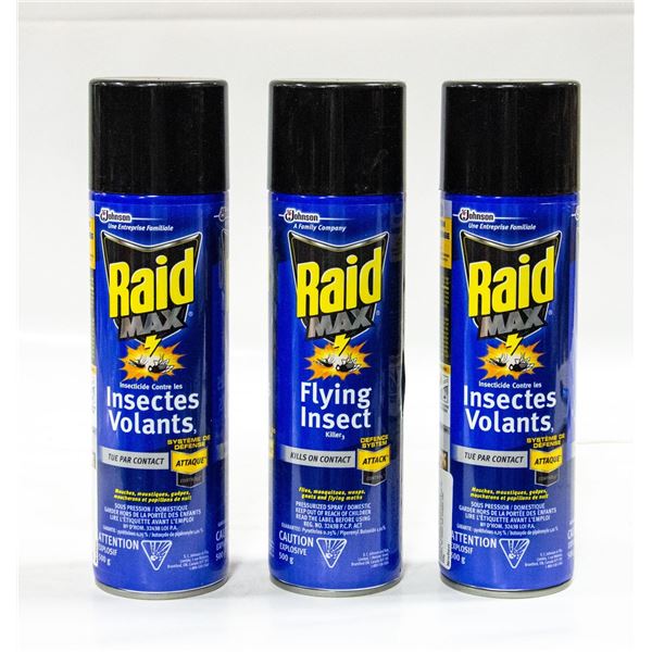 3 NEW 500G BOTTLES OF RAID MAX FLYING INSECT