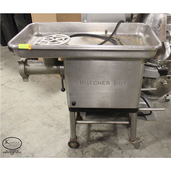 BUTCHER BOY MEAT GRINDER W/ HOPPER ON CASTERS