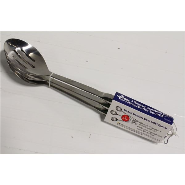 3 NEW UPDATE INTERNATIONAL SLOTTED STEEL SPOONS