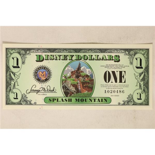 2014 DISNEY DOLLAR "SPLASH MOUNTAIN" CRISP UNC