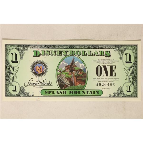 2014 DISNEY DOLLAR "SPLASH MOUNTAIN" CRISP UNC