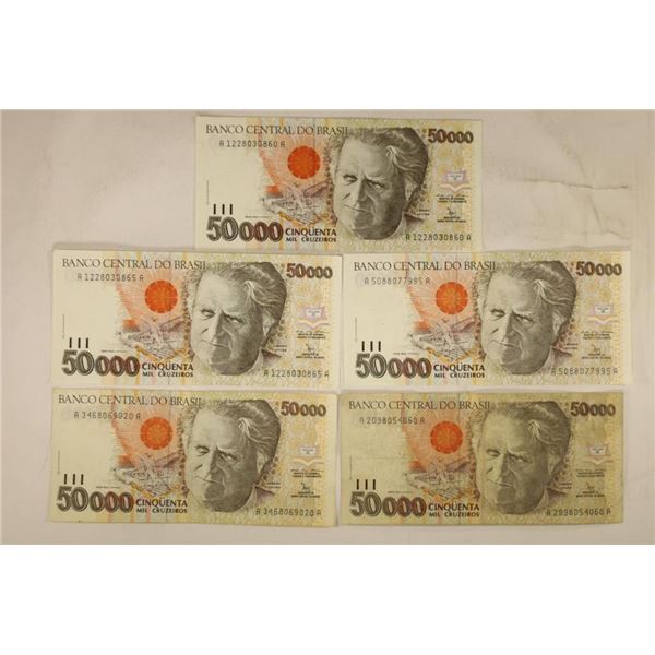 5-BANK OF BRAZIL 50,000 CRUZEIROS BILLS, 3 CU