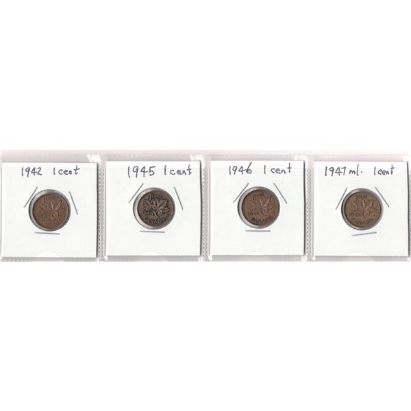 FOUR One Cent Coins,  1942, 1945, 1946, 1947