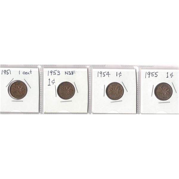 FOUR One Cent Coins,  1951, 1953, 1954, 1955