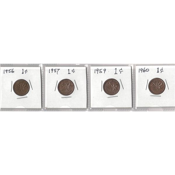 FOUR One Cent Coins,  1956, 1957, 1959, 1960