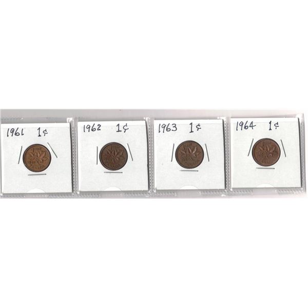 FOUR One Cent Coins,  1961, 1962, 1963, 1964