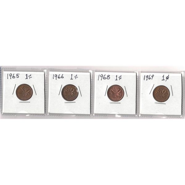 FOUR One Cent Coins,  1965, 1966, 1968, 1969