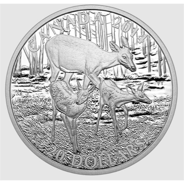 2014 $20 FINE SILVER COIN THE WHITE-TAILED DEER - A DOE AND HER FAWNS