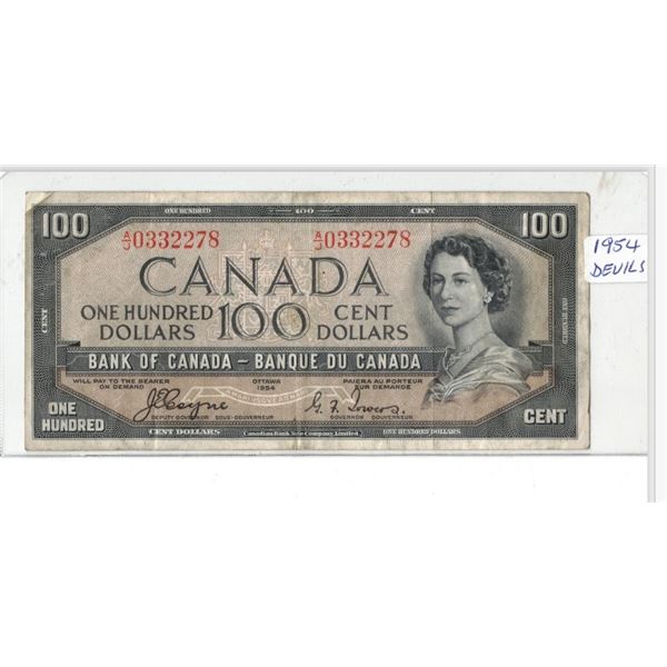 1954 ONE HUNDRED Dollar Bill, Devil's Face Canadian Bank Note