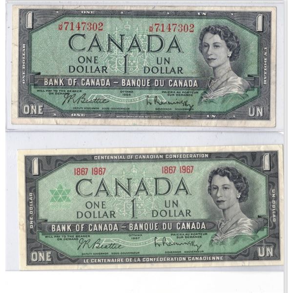 1954 One Dollar Bill AND 1967 Centennial Bank of Canada One Dollar Bank Note